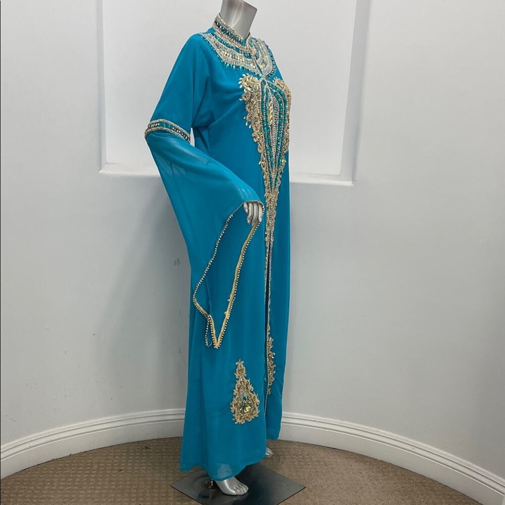 Moroccan Kaftan Maxi Dress Turquoise Hand Beaded Dubai Style Long Sleeve Formal - Picture 15 of 16